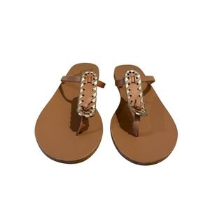 Ancient Greek‎ Sandals Leather Whipstitch T-Strap Flat Sandals Tan Gold EU 42